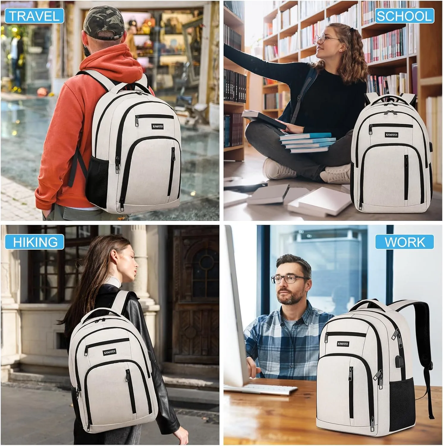 Beige Backpack for School, School BackPack for Teens, Boys and Girls, with 15.6 inch Laptop Bookbag for College High School, Large Computer Back Pack with Compartments for Men & Women
