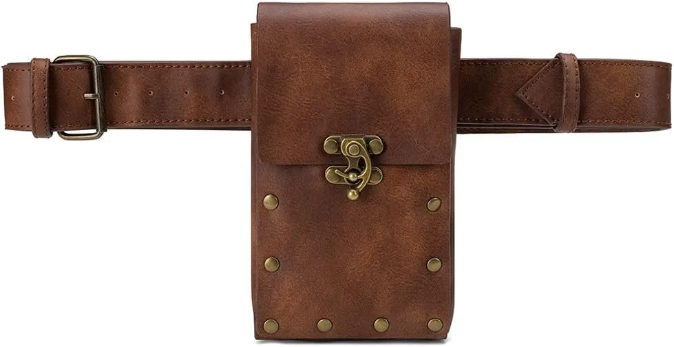 Belt Pouch Waist Bag Fanny Pack Medieval Vintage Leather Pouch Cellphone Holder Holster Carry Belt Purse Pocket Casual Hiking Festival Renaissance Faire Costume Props Travel Wallet (Brown)
