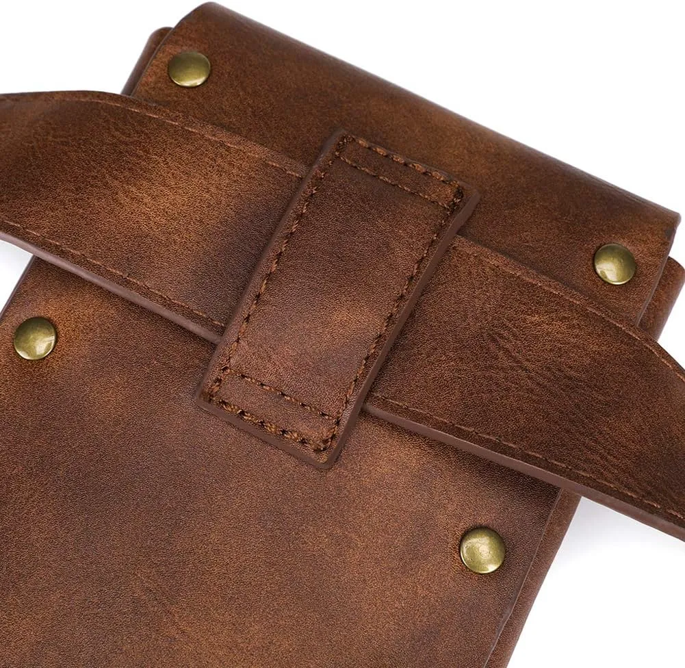 Belt Pouch Waist Bag Fanny Pack Medieval Vintage Leather Pouch Cellphone Holder Holster Carry Belt Purse Pocket Casual Hiking Festival Renaissance Faire Costume Props Travel Wallet (Brown)