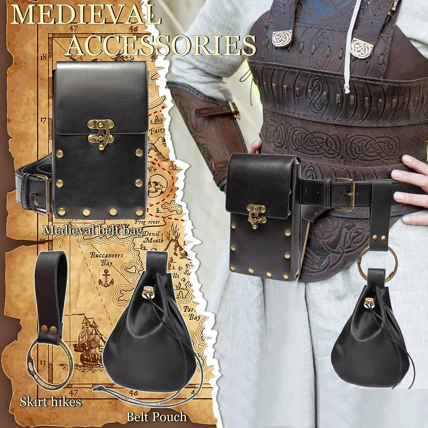 Belt Pouch Waist Bag Fanny Pack Medieval Vintage Leather Pouch Cellphone Holder Holster Carry Belt Purse Pocket Casual Hiking Festival Renaissance Faire Costume Props Travel Wallet (I2-Black)