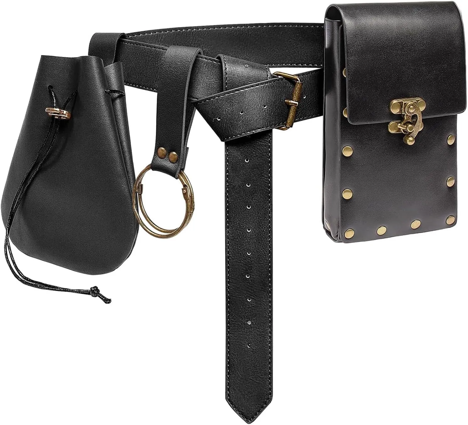 Belt Pouch Waist Bag Fanny Pack Medieval Vintage Leather Pouch Cellphone Holder Holster Carry Belt Purse Pocket Casual Hiking Festival Renaissance Faire Costume Props Travel Wallet (I2-Black)