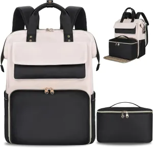BERTASCHE Lunch Backpack for Women, 15.6 Inch Laptop Backpack with Insulated Cooler Lunch box, Nurse Backpack for Teacher Work Travel College Picnic, Black-Beige