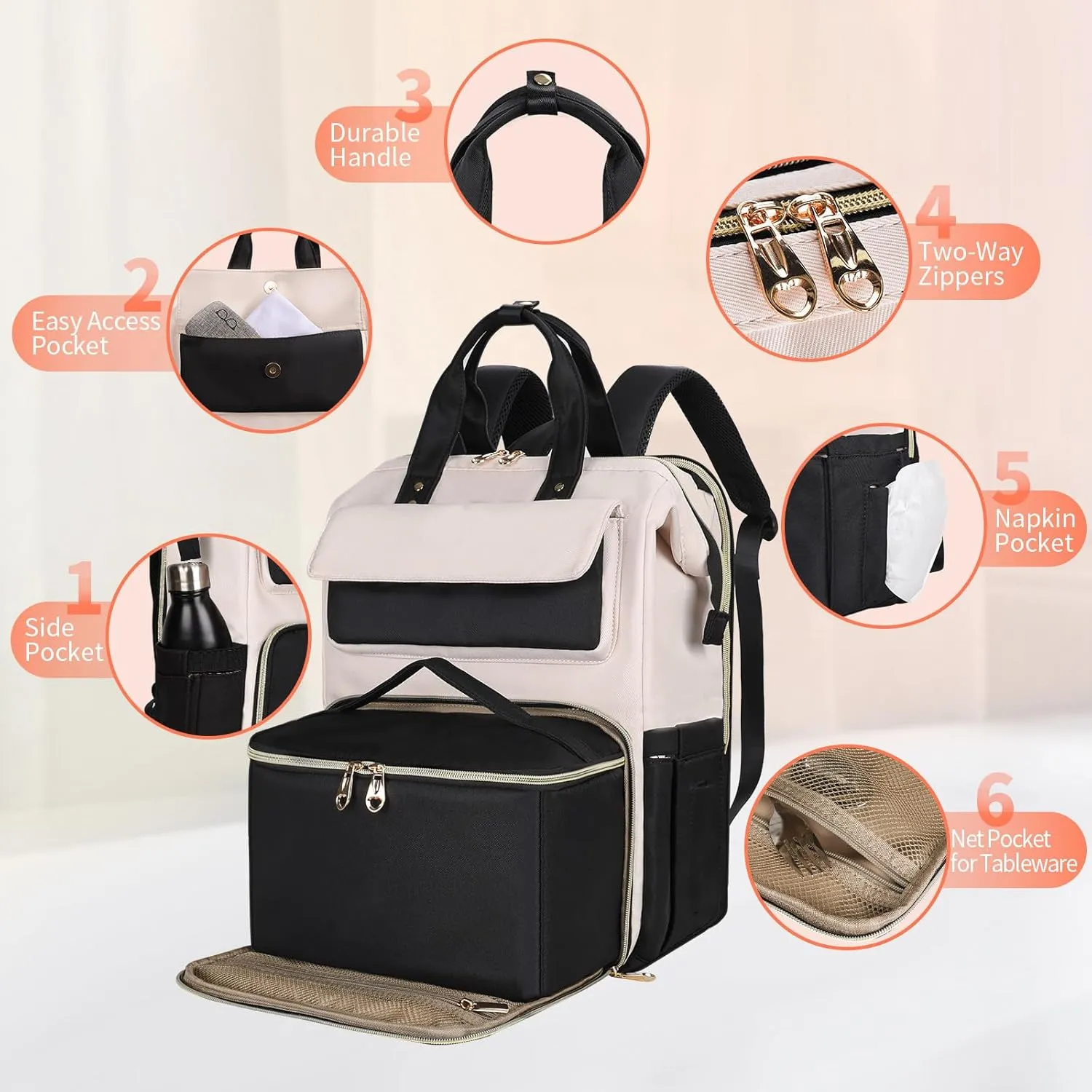 BERTASCHE Lunch Backpack for Women, 15.6 Inch Laptop Backpack with Insulated Cooler Lunch box, Nurse Backpack for Teacher Work Travel College Picnic, Black-Beige