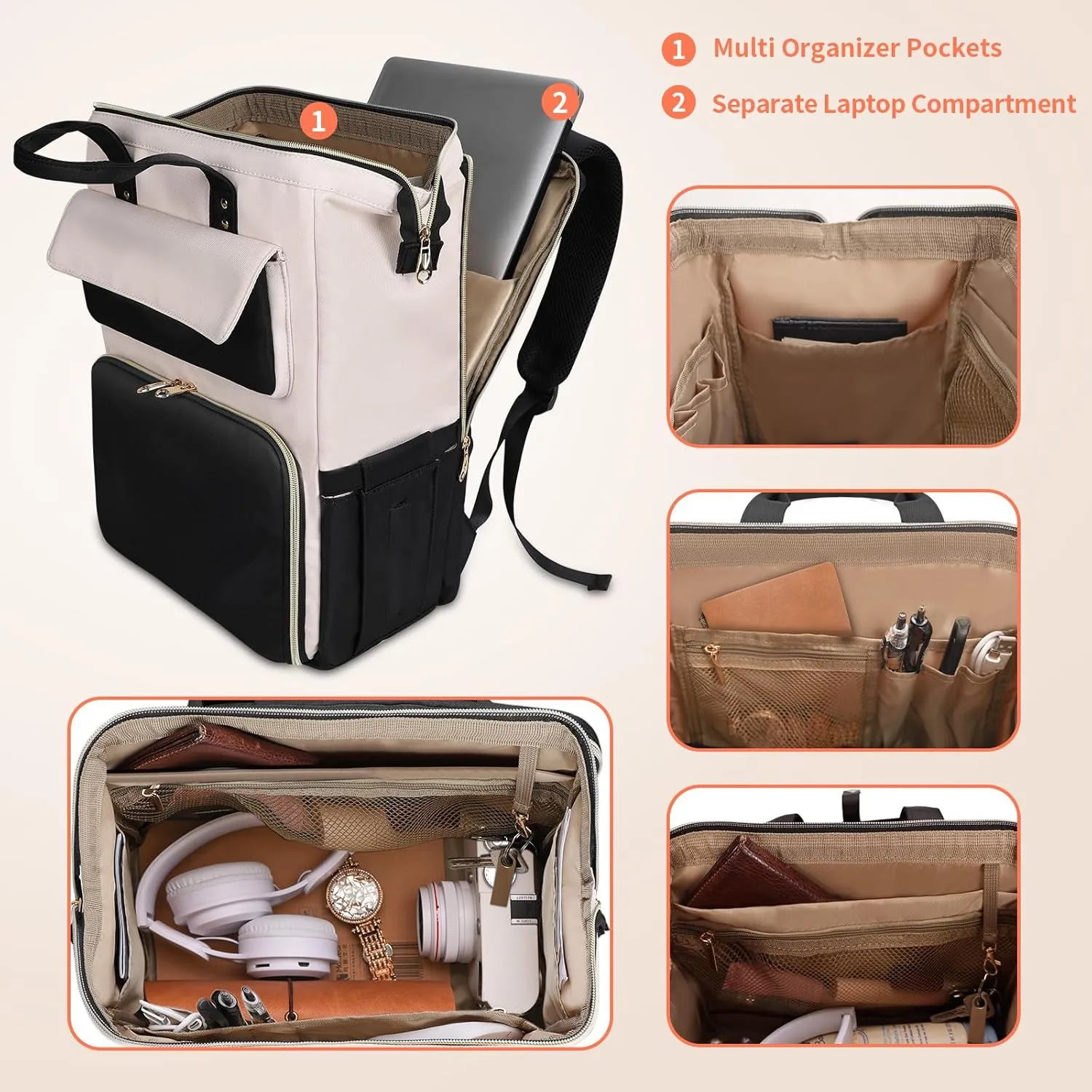 BERTASCHE Lunch Backpack for Women, 15.6 Inch Laptop Backpack with Insulated Cooler Lunch box, Nurse Backpack for Teacher Work Travel College Picnic, Black-Beige