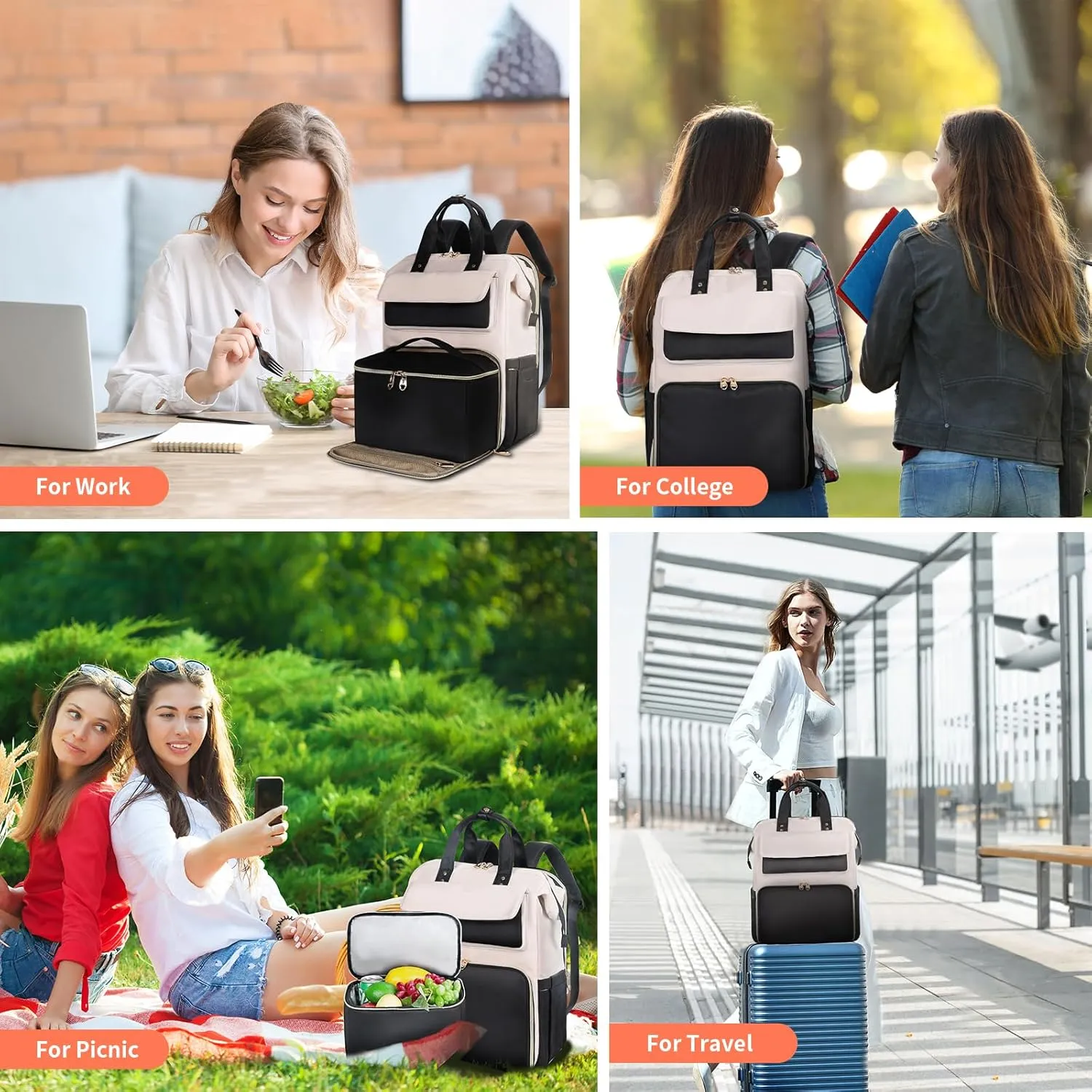 BERTASCHE Lunch Backpack for Women, 15.6 Inch Laptop Backpack with Insulated Cooler Lunch box, Nurse Backpack for Teacher Work Travel College Picnic, Black-Beige