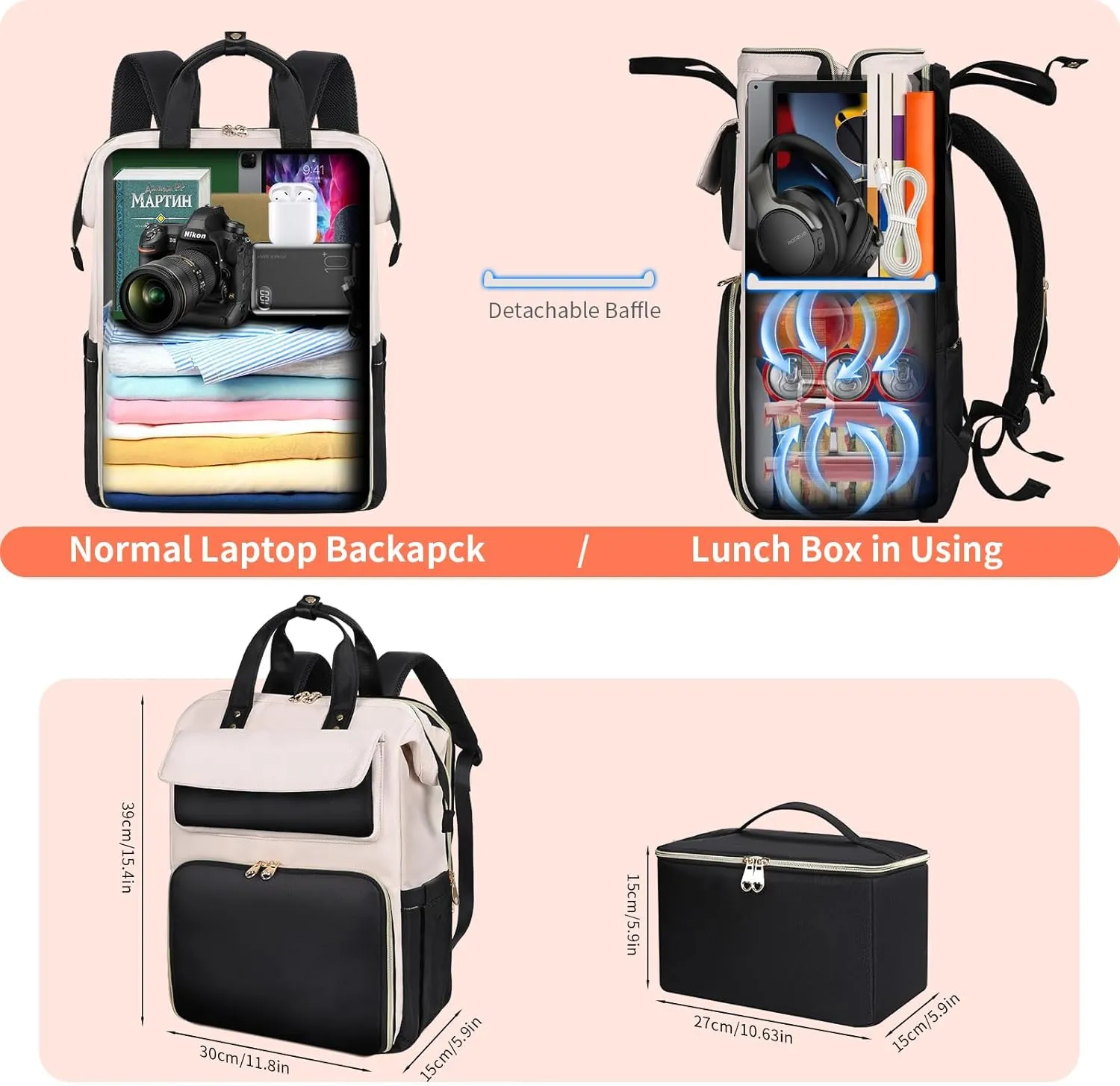 BERTASCHE Lunch Backpack for Women, 15.6 Inch Laptop Backpack with Insulated Cooler Lunch box, Nurse Backpack for Teacher Work Travel College Picnic, Black-Beige