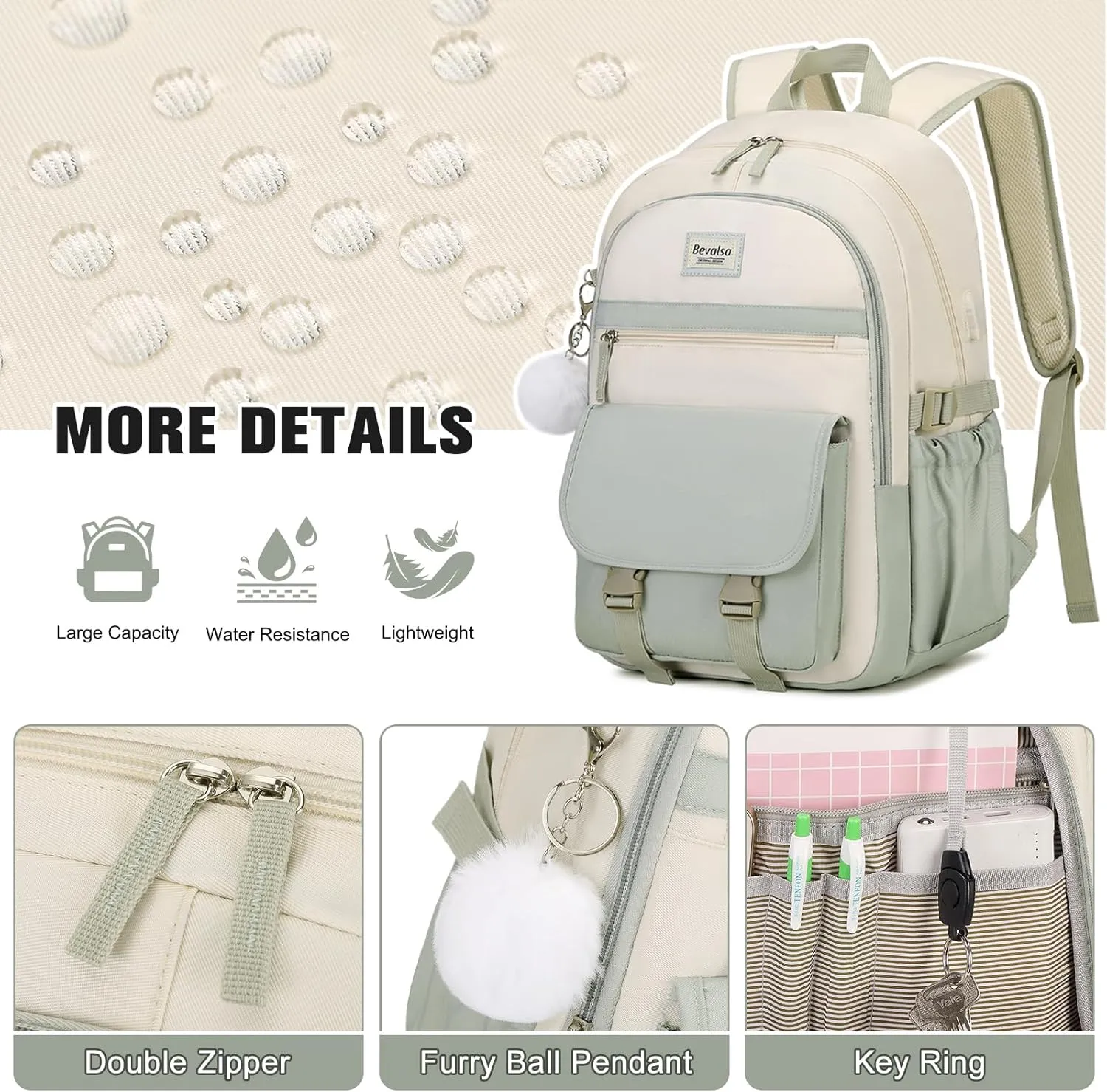 Bevalsa Backpack for Girls & Women, Laptop Backpack with Lunch Bag & Pencil Pouch for Teens to College Students - Green Beige