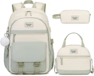 Bevalsa Backpack for Girls & Women, Laptop Backpack with Lunch Bag & Pencil Pouch for Teens to College Students - Green Beige