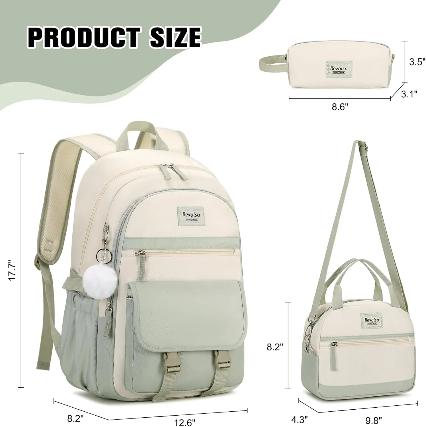 Bevalsa Backpack for Girls & Women, Laptop Backpack with Lunch Bag & Pencil Pouch for Teens to College Students - Green Beige