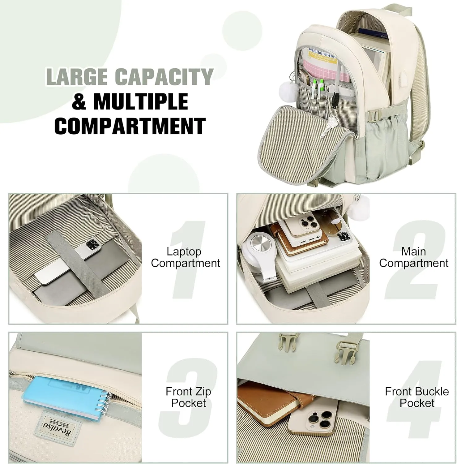 Bevalsa Backpack for Girls & Women, Laptop Backpack with Lunch Bag & Pencil Pouch for Teens to College Students - Green Beige