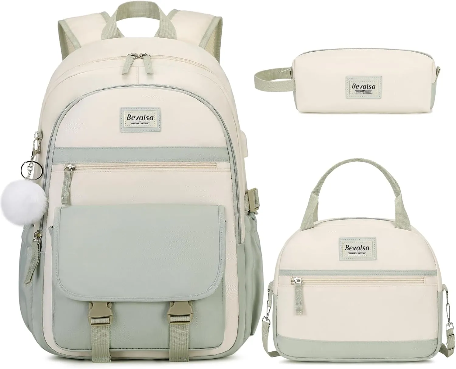 Bevalsa Backpack for Girls & Women, Laptop Backpack with Lunch Bag & Pencil Pouch for Teens to College Students - Green Beige