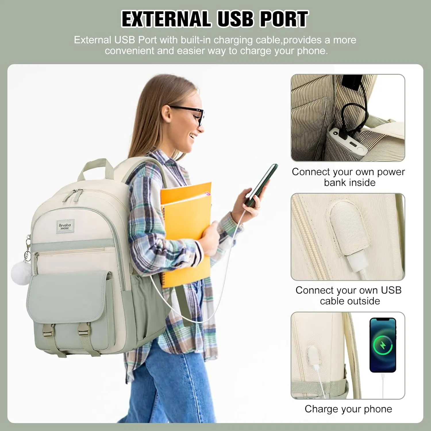Bevalsa Backpack for Girls & Women, Laptop Backpack with Lunch Bag & Pencil Pouch for Teens to College Students - Green Beige