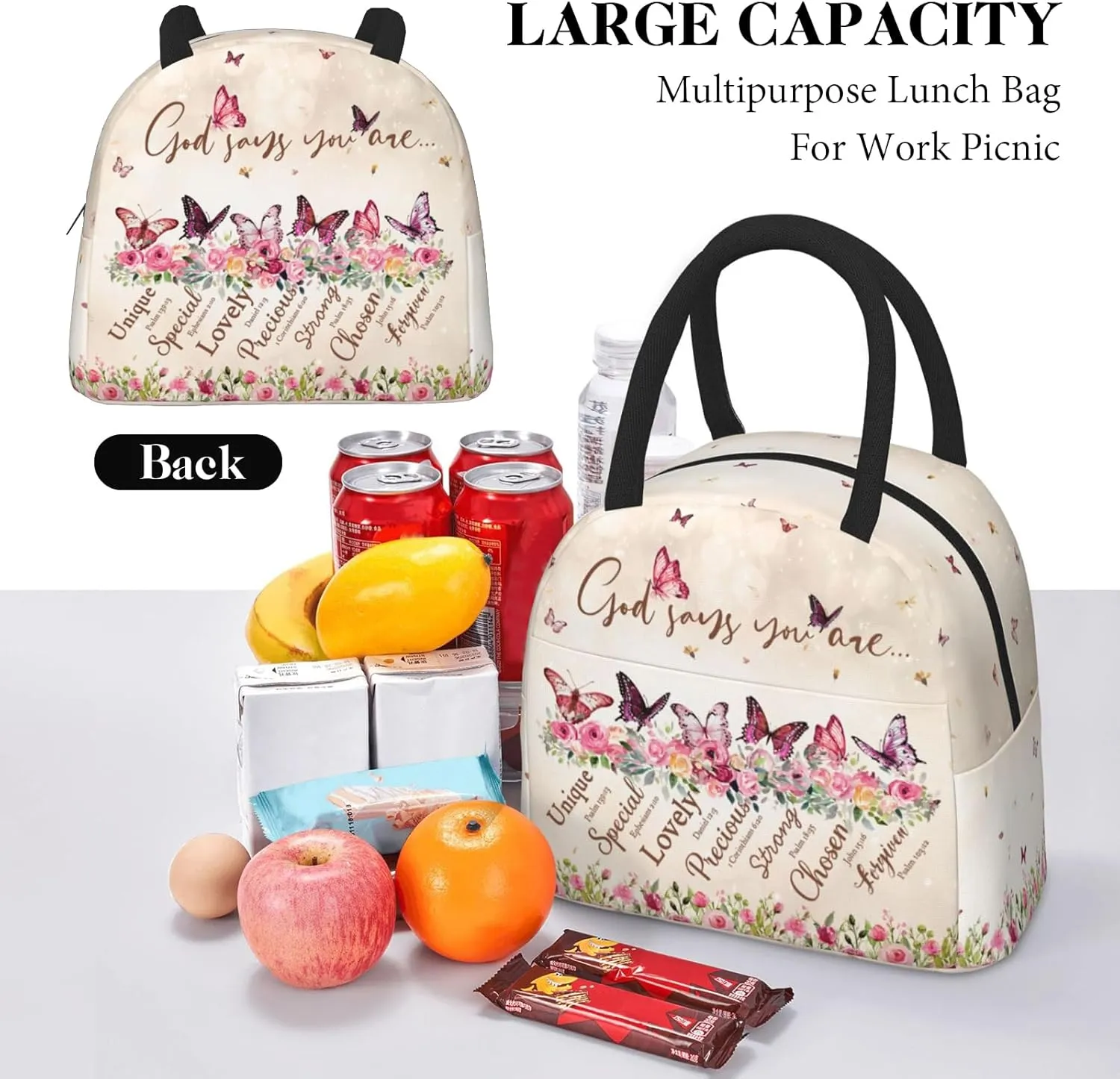 Bible Verses Lunch Bag for Women God Says You Are Controller Insulated Lunch Bag Butterfly Christian Scripture Lunch Box Reusable Waterproof Leakproof Portable Lunch Tote for Work Office Travel Picnic
