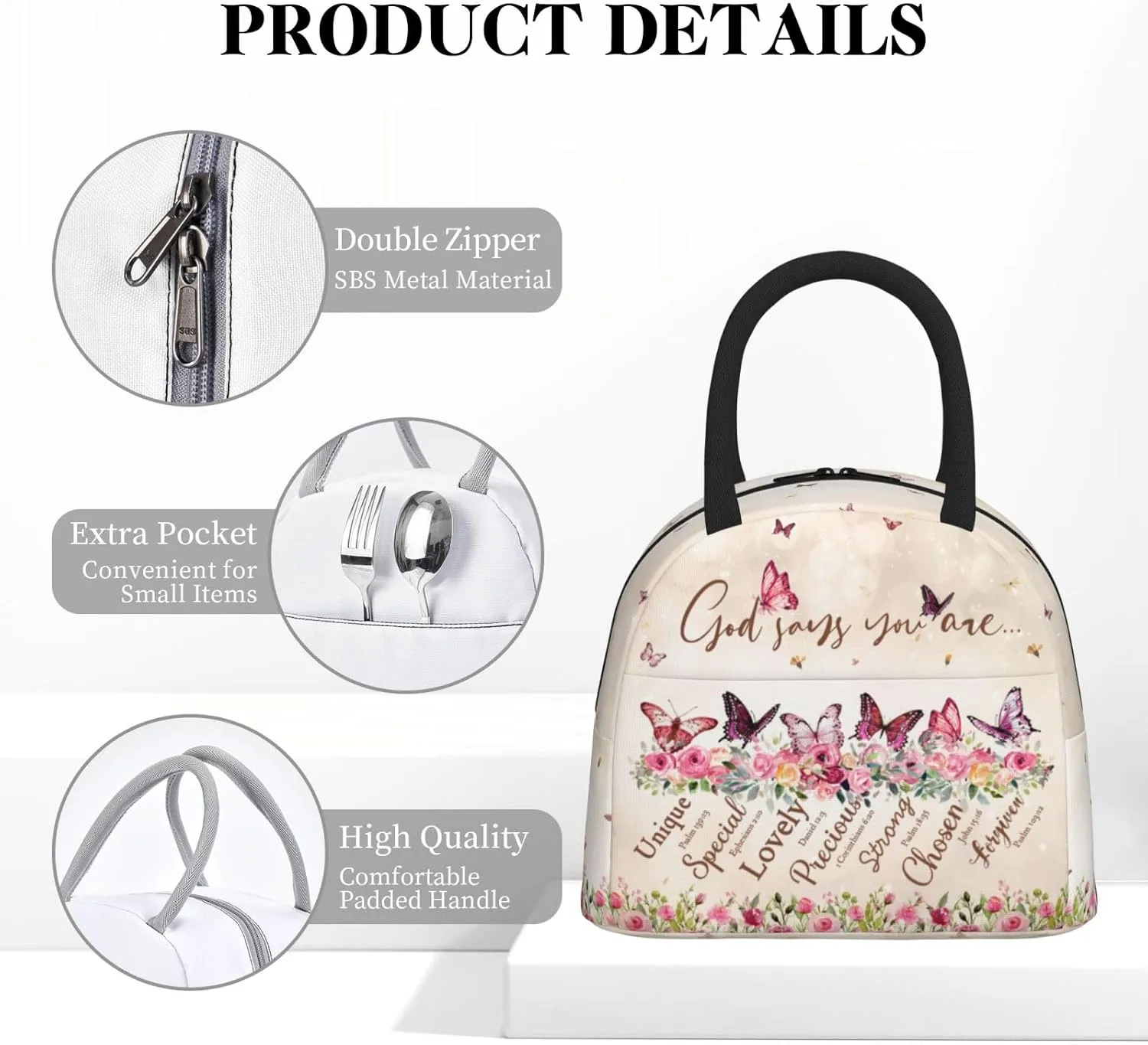 Bible Verses Lunch Bag for Women God Says You Are Controller Insulated Lunch Bag Butterfly Christian Scripture Lunch Box Reusable Waterproof Leakproof Portable Lunch Tote for Work Office Travel Picnic