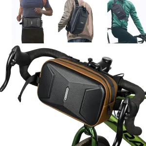 Bike Handlebar Bag, EVA Waterproof Bike Front Bag, 3.2L Bicycle Frame Storage Bag Waist Shoulder Bag, Bike Pouch for Road Mountain Bicycle Cycling Travel Hiking (Brown)