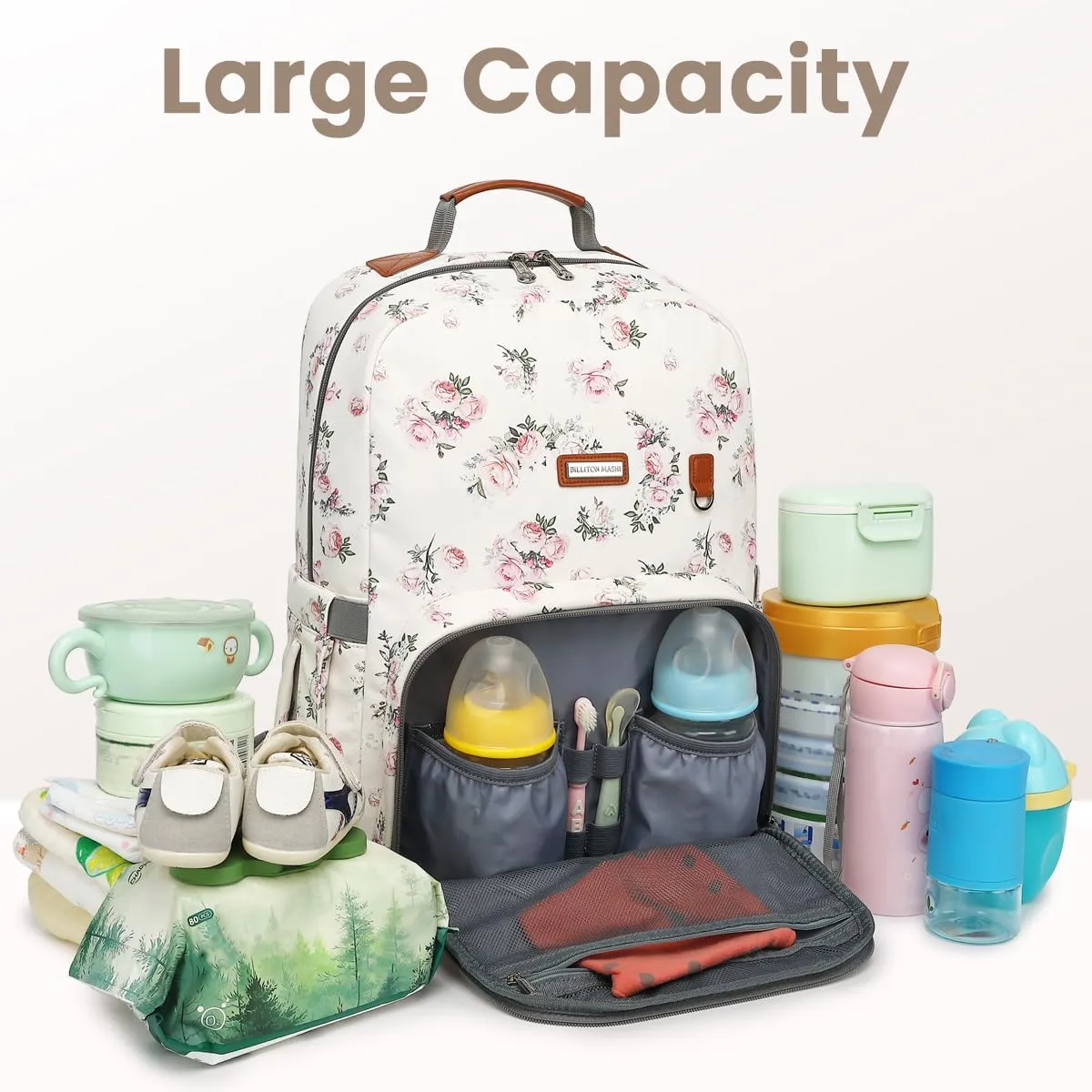 BILLITON MSHI Diaper Bag Backpack for Women Large Capacity Waterproof -Multifunctional with Insulated Pockets for Baby Girl Boy, Unisex Maternity Travel Bag-Flowers Beige