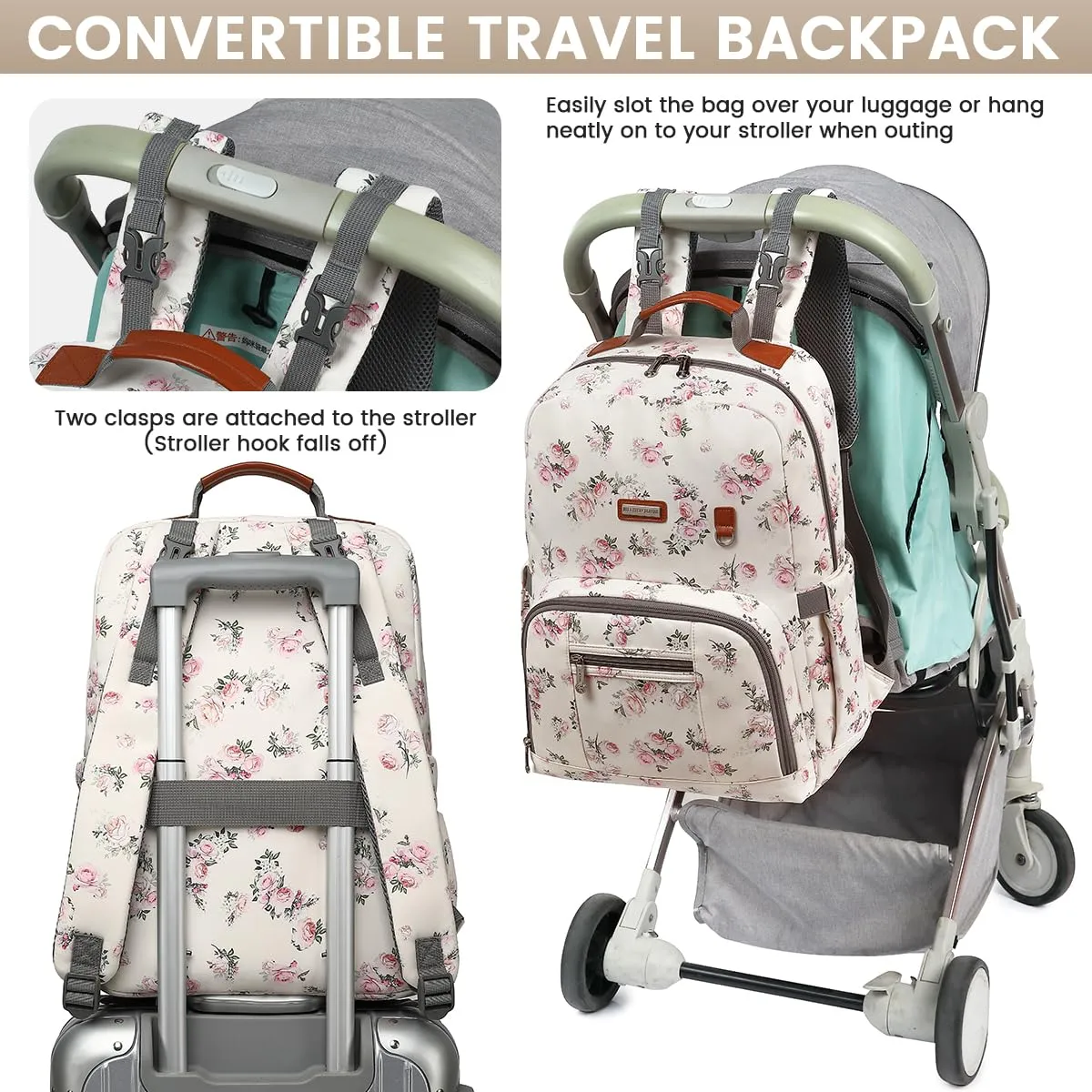 BILLITON MSHI Diaper Bag Backpack for Women Large Capacity Waterproof -Multifunctional with Insulated Pockets for Baby Girl Boy, Unisex Maternity Travel Bag-Flowers Beige