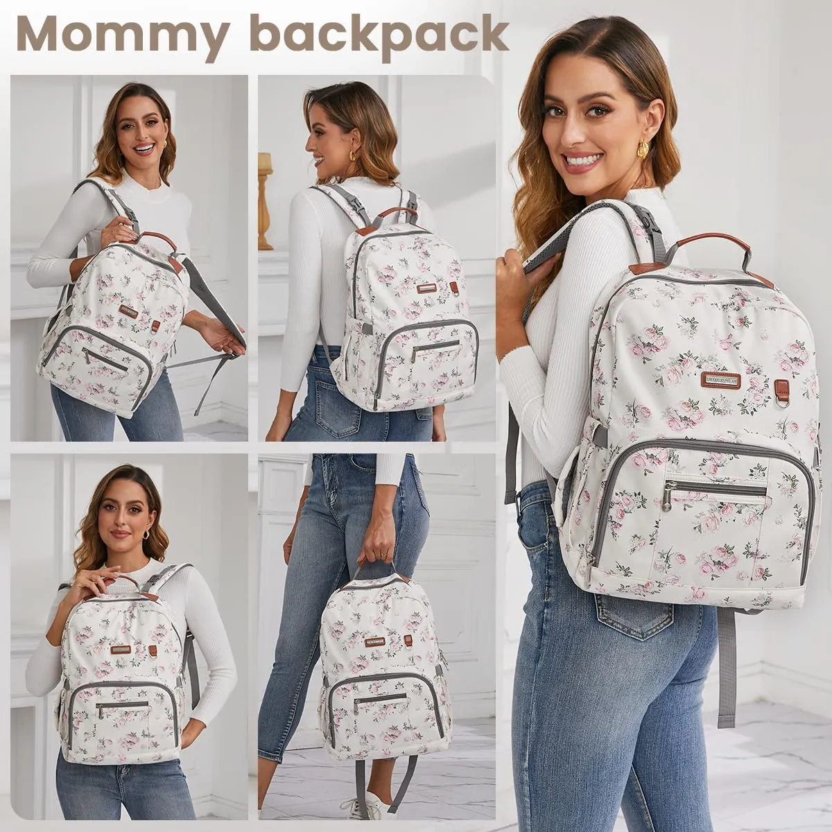 BILLITON MSHI Diaper Bag Backpack for Women Large Capacity Waterproof -Multifunctional with Insulated Pockets for Baby Girl Boy, Unisex Maternity Travel Bag-Flowers Beige