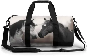 Black And White Horses Gym Bag Small Travel Duffle Bag with Compartment Carry On Weekender Bag for Women Men