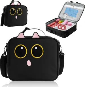 Black cat Bento Insulated Lunch Bag Box lonchera for Teen girl boy Kid Reusable Large Capacity Portable Waterproof Leakproof with name tag to School Office Picnic Travel Hiking Camping
