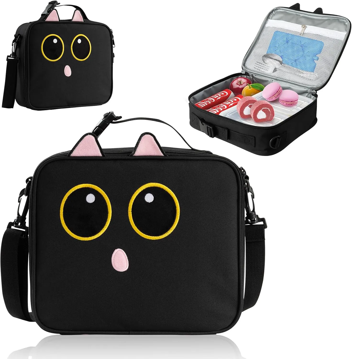 Black cat Bento Insulated Lunch Bag Box lonchera for Teen girl boy Kid Reusable Large Capacity Portable Waterproof Leakproof with name tag to School Office Picnic Travel Hiking Camping