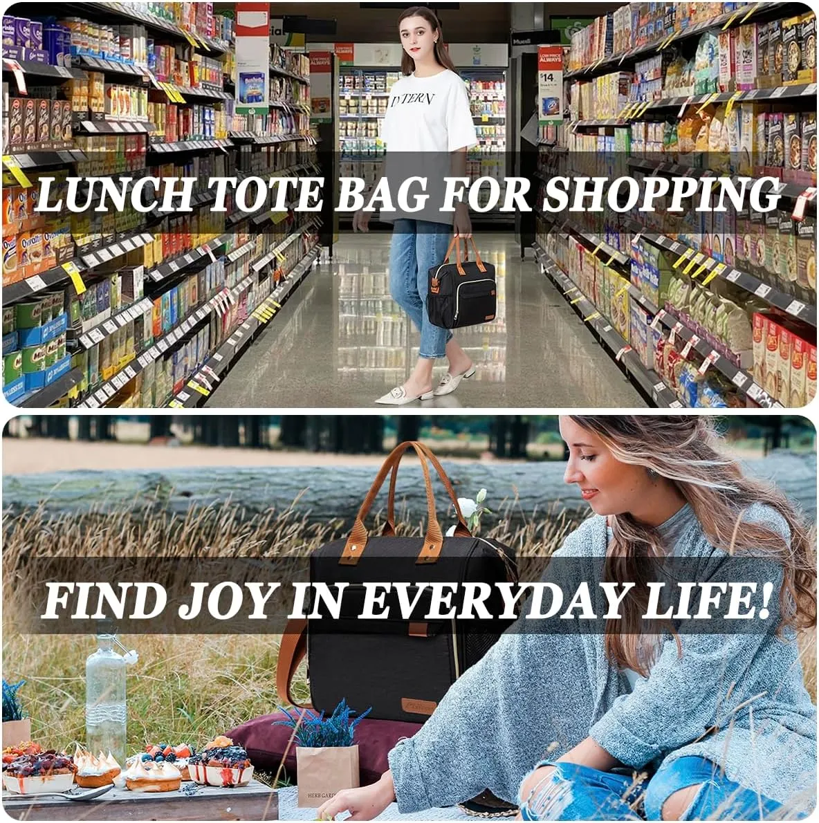 Black Lunch Box for Women Insulated Lunch Bag for Work - Adult Stylish Lunch Tote Bag for Shopping Soft Cooler for Beach Picnic Travel
