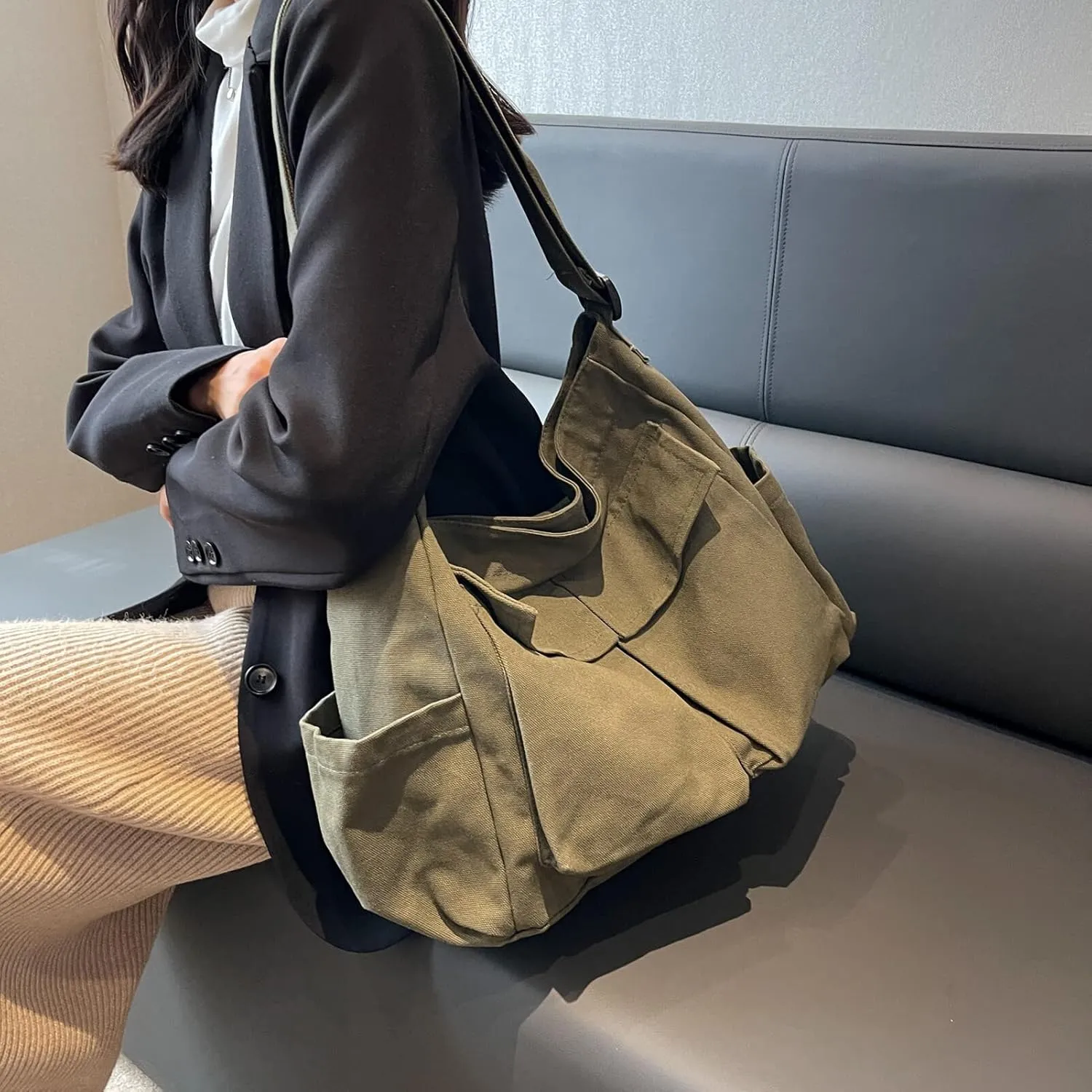Blostirno Canvas Messenger Bag Large Hobo Crossbody Bag with Multiple Pockets Shoulder Tote Bags for Women and Men