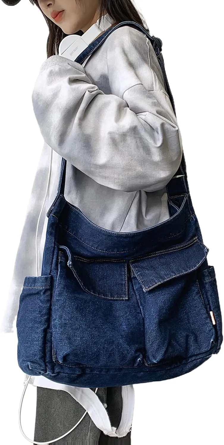 Blostirno Canvas Messenger Bag Large Hobo Crossbody Bag with Multiple Pockets Shoulder Tote Bags for Women and Men