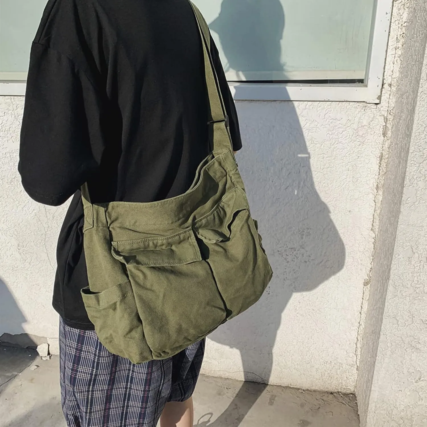 Blostirno Canvas Messenger Bag Large Hobo Crossbody Bag with Multiple Pockets Shoulder Tote Bags for Women and Men