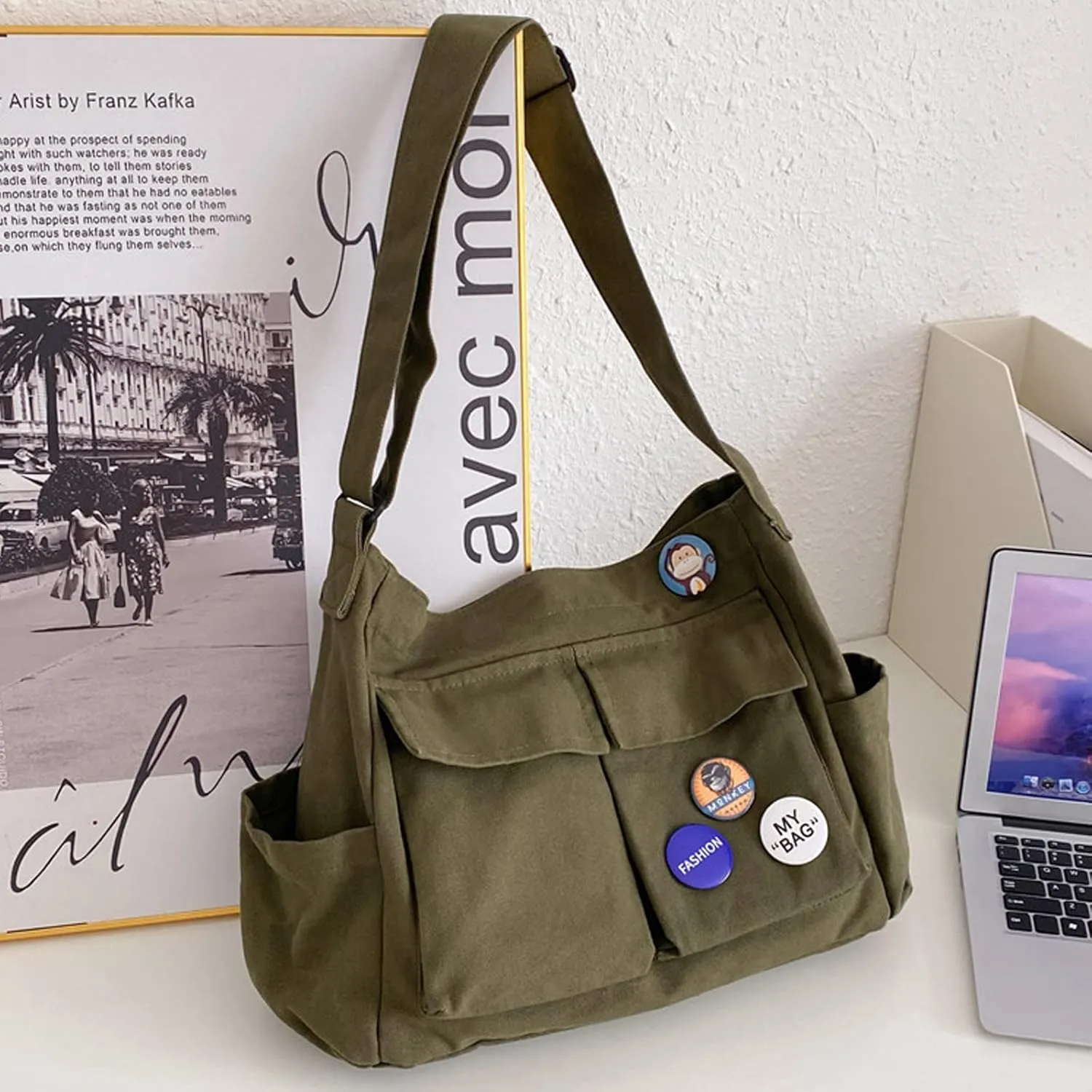 Blostirno Canvas Messenger Bag Large Hobo Crossbody Bag with Multiple Pockets Shoulder Tote Bags for Women and Men