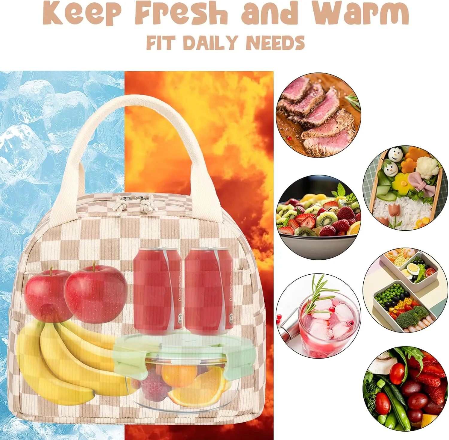 Bluboon Lunch Bag for Women Men Cute Corduroy Lunch Tote Bags Reusable Insulated Lunch Box Large Capacity Reusable Insulated Cooler for Work Picnic or Travel (Corduroy checkered brown)