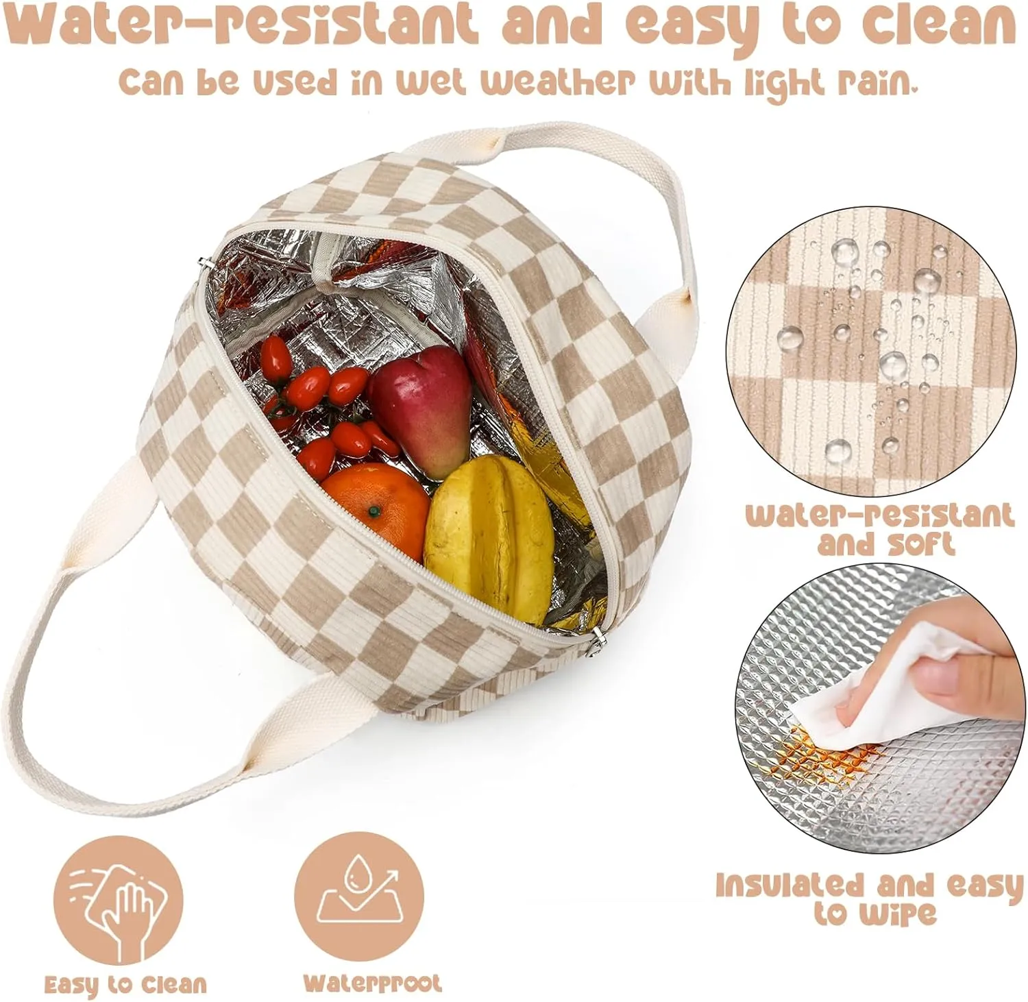 Bluboon Lunch Bag for Women Men Cute Corduroy Lunch Tote Bags Reusable Insulated Lunch Box Large Capacity Reusable Insulated Cooler for Work Picnic or Travel (Corduroy checkered brown)