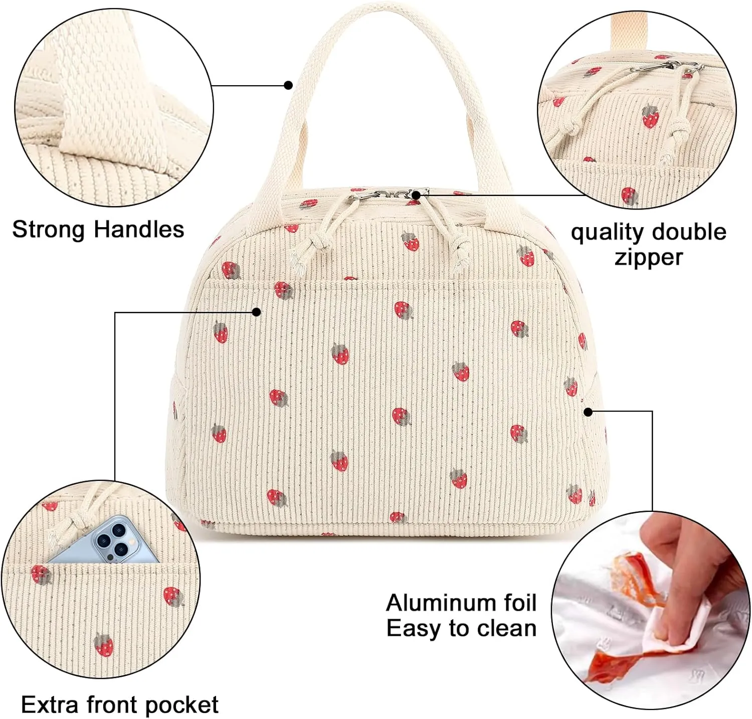 Bluboon Lunch Bag for Women Men Cute Corduroy Lunch Tote Bags Reusable Insulated Lunch Box Large Capacity Reusable Insulated Cooler for Work Picnic or Travel