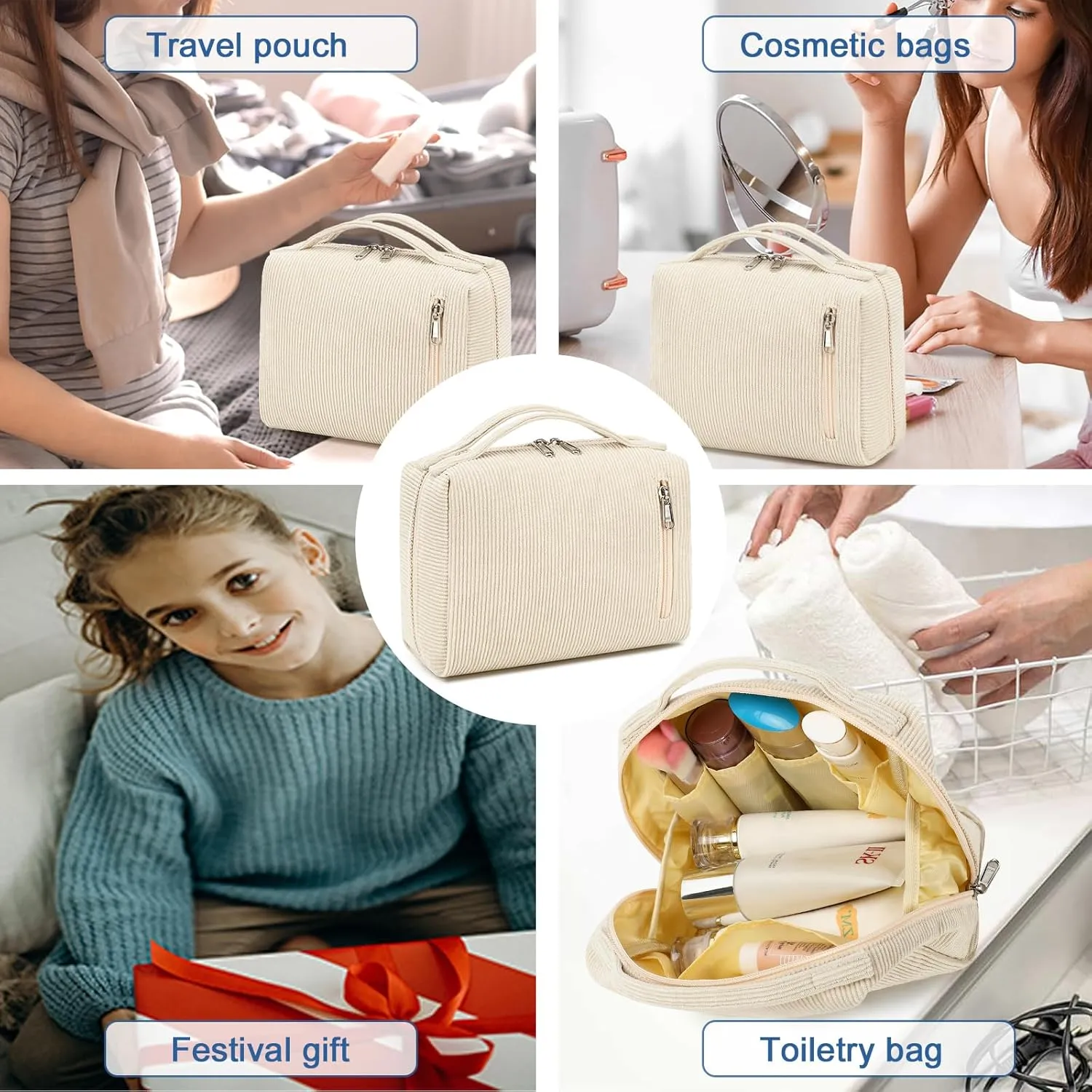Bluboon Makeup Bag Zipper Pouch Travel Portable Cosmetic Bag Organizer for Women and Girls(Beige)