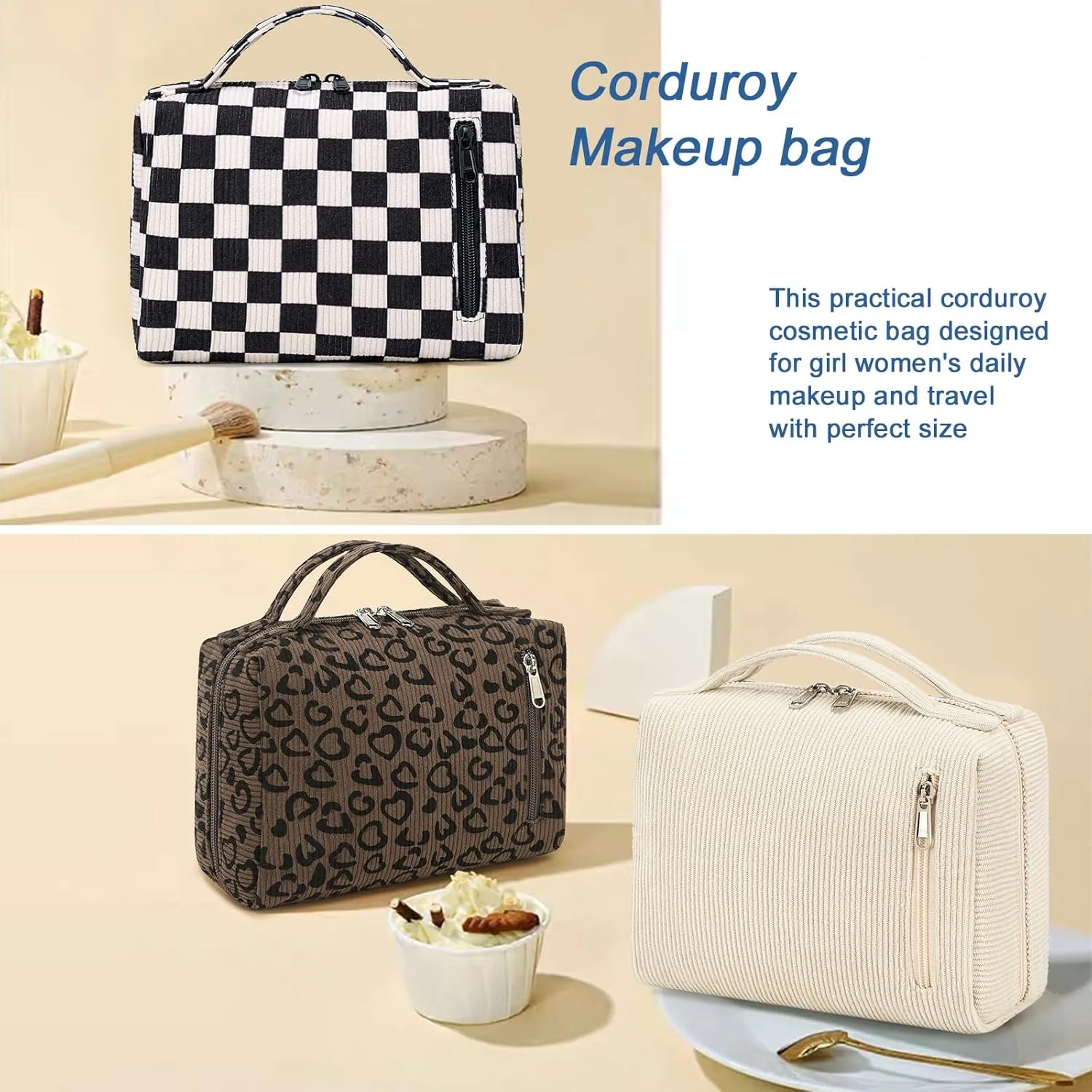 Bluboon Makeup Bag Zipper Pouch Travel Portable Cosmetic Bag Organizer for Women and Girls(Beige)