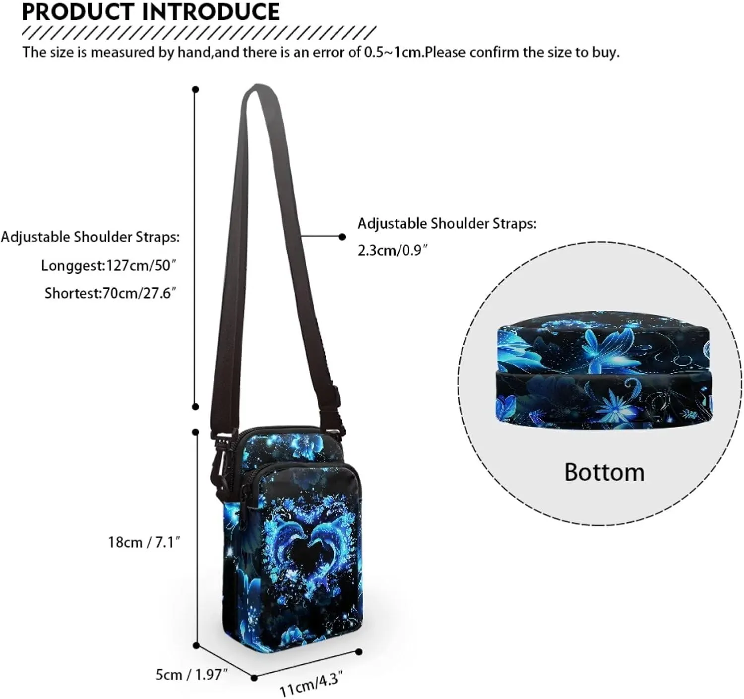 Blue Dolphin Love Flower Floral Crossbody Bag for Kids Girls Boys, 2 Layers Lightweight Shoulder Bag Messenger Sling Bags for Smart Phone Passport Wallet