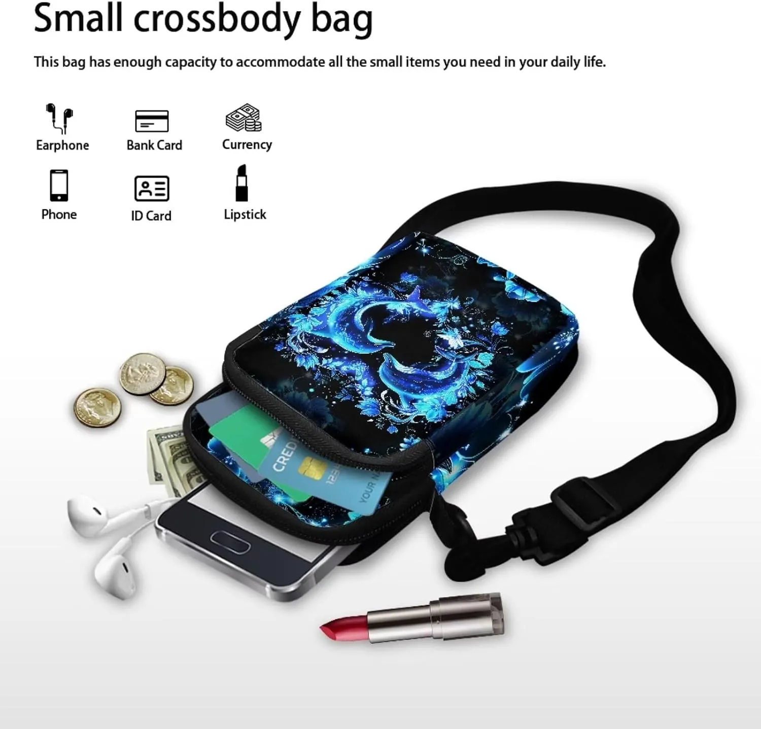 Blue Dolphin Love Flower Floral Crossbody Bag for Kids Girls Boys, 2 Layers Lightweight Shoulder Bag Messenger Sling Bags for Smart Phone Passport Wallet