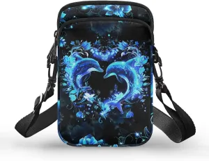 Blue Dolphin Love Flower Floral Crossbody Bag for Kids Girls Boys, 2 Layers Lightweight Shoulder Bag Messenger Sling Bags for Smart Phone Passport Wallet