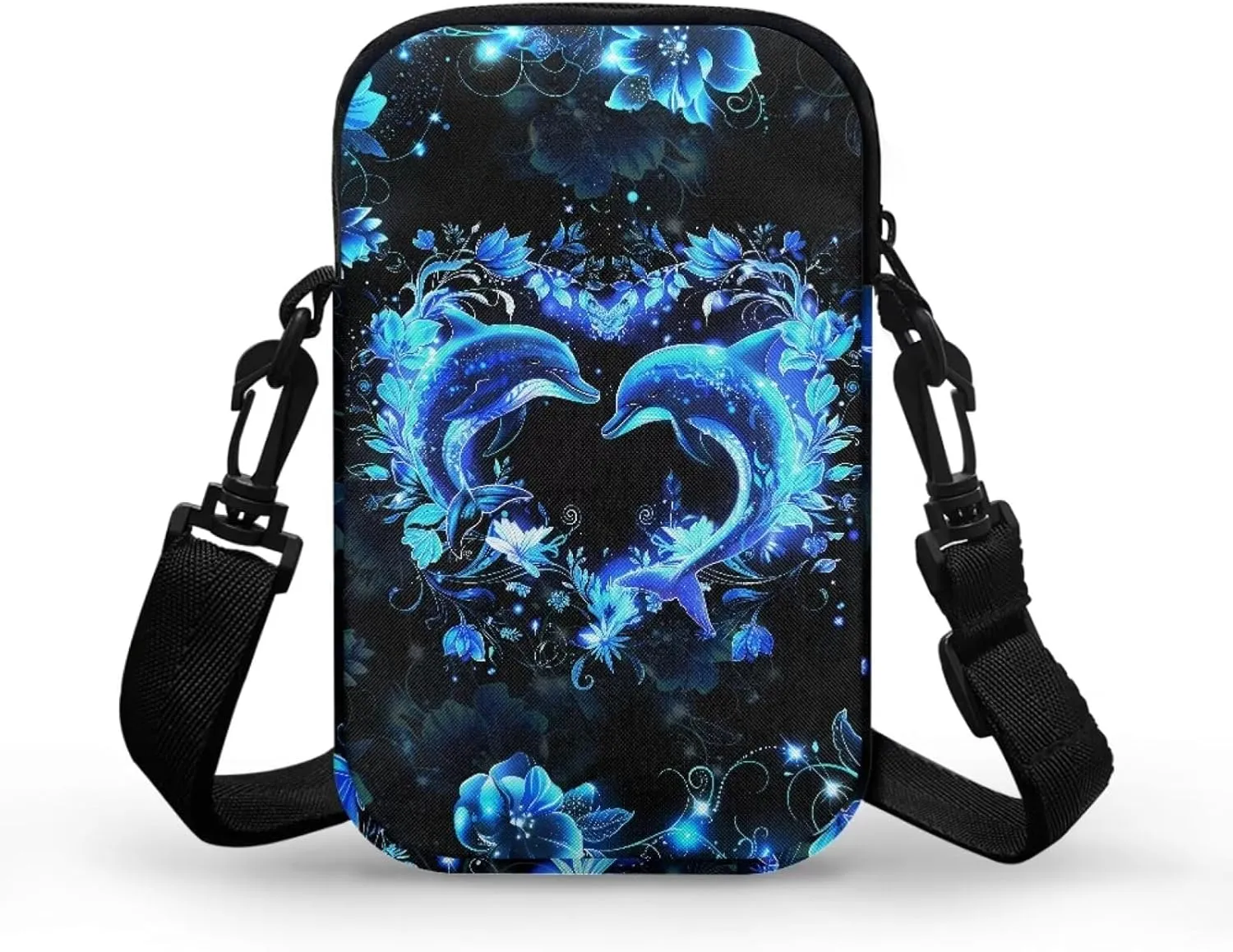 Blue Dolphin Love Flower Floral Crossbody Bag for Kids Girls Boys, 2 Layers Lightweight Shoulder Bag Messenger Sling Bags for Smart Phone Passport Wallet