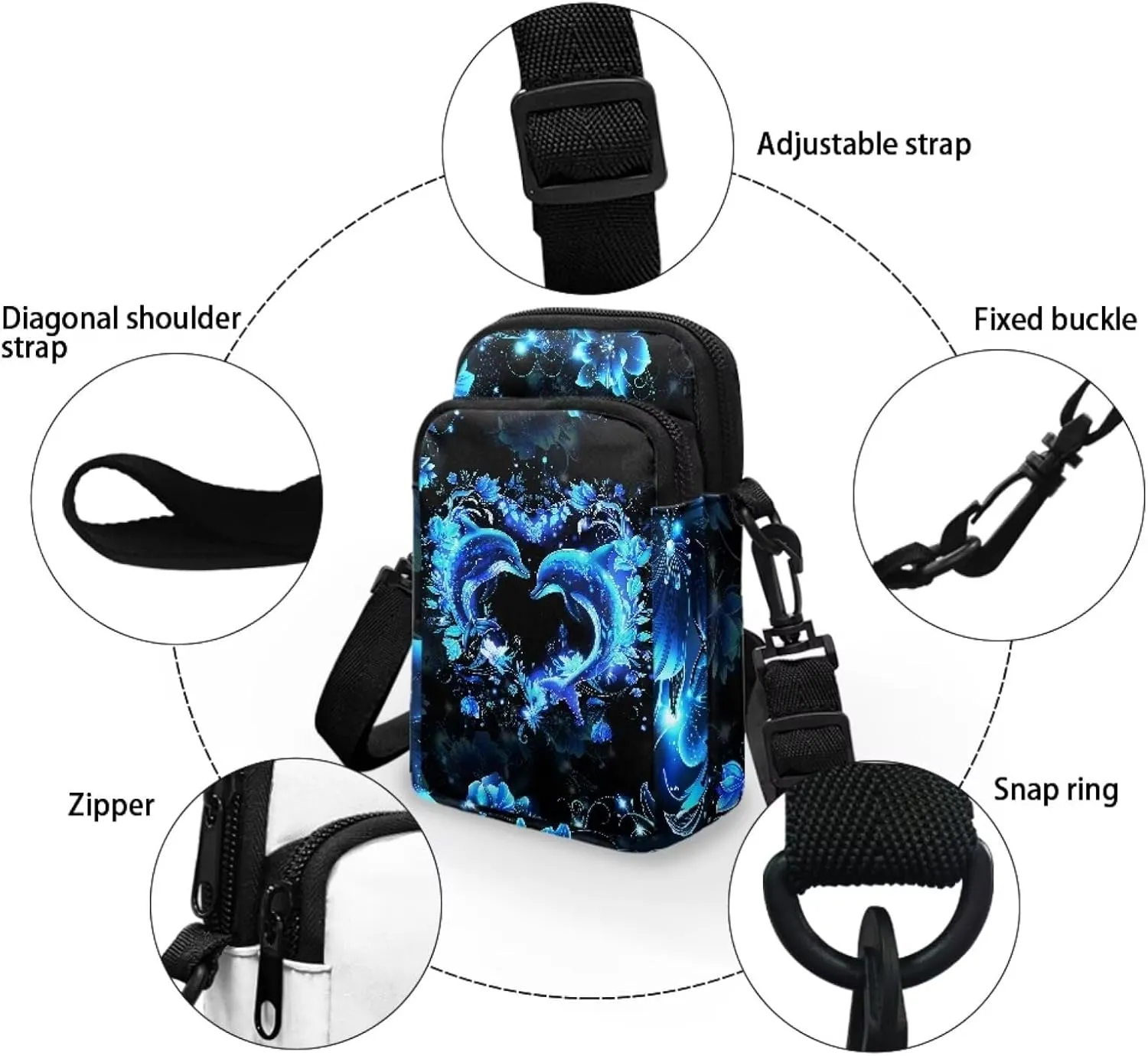 Blue Dolphin Love Flower Floral Crossbody Bag for Kids Girls Boys, 2 Layers Lightweight Shoulder Bag Messenger Sling Bags for Smart Phone Passport Wallet