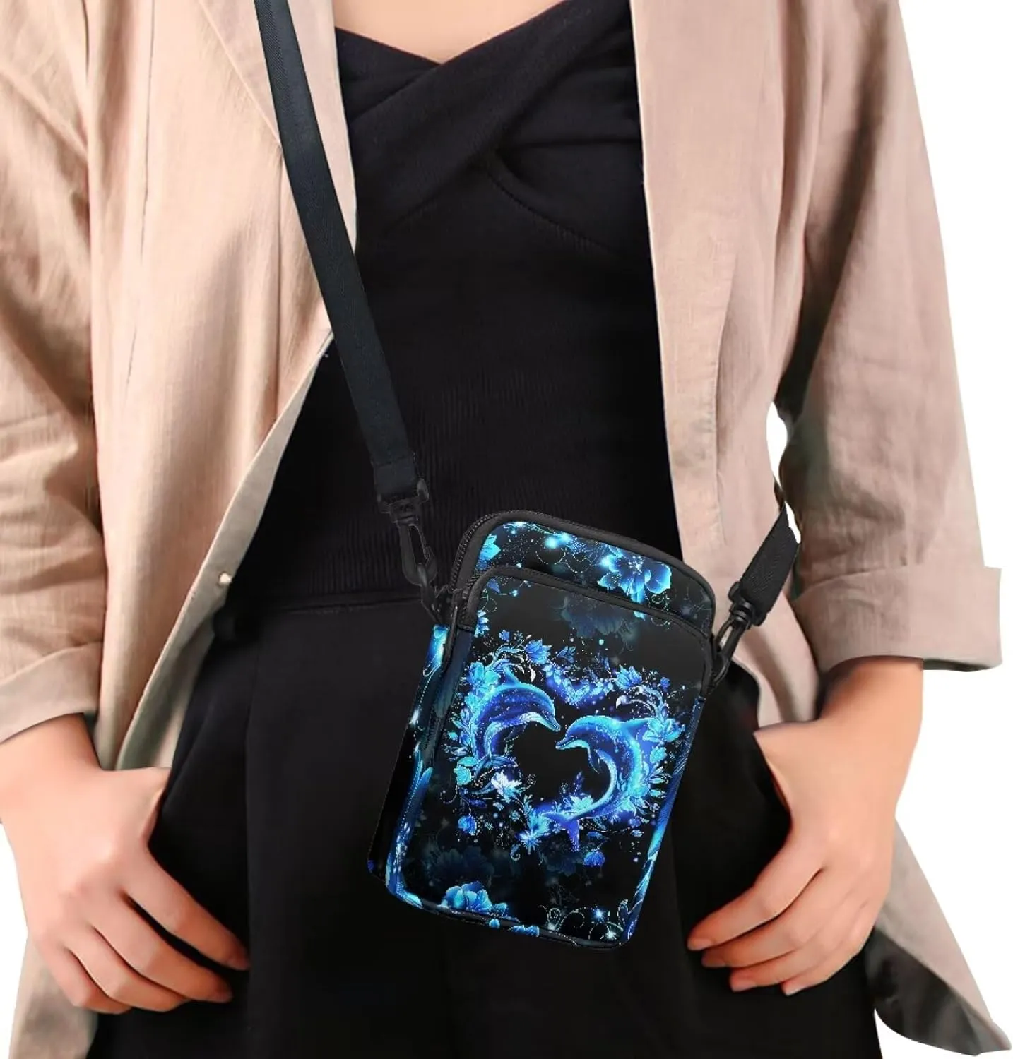 Blue Dolphin Love Flower Floral Crossbody Bag for Kids Girls Boys, 2 Layers Lightweight Shoulder Bag Messenger Sling Bags for Smart Phone Passport Wallet