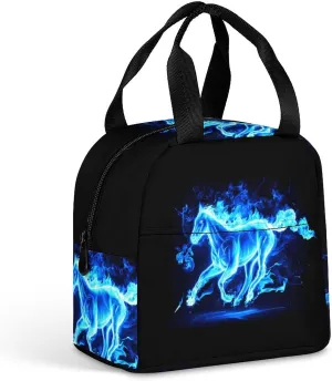 Blue Fire Flaming Horse Reusable Lunch Bag Thermal Insulation Aluminum Foil Lunch Box Portable Meal Pack for Men Women