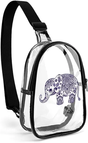 Blue Floral Elephant Illustration Clear Sling Bag Stadium Crossbody Bags Purses for Women Men with Adjustable Strap