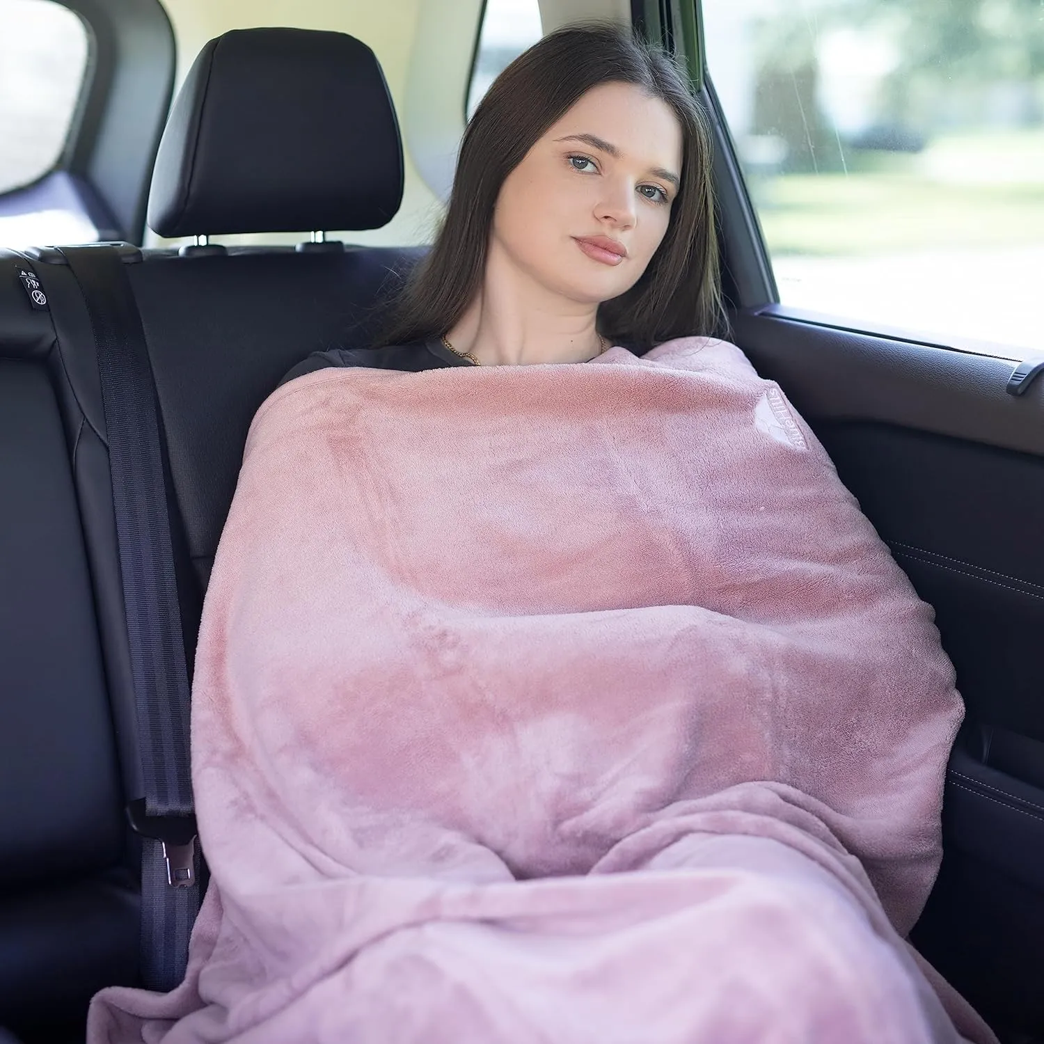 BlueHills Travel Blanket Pillow Rolled Premium Soft Plush Airplane Throw Traveling Gifts Compact in a Bag 70 X 48 inches Long Plane Flight Portable Lightweight Pink R02