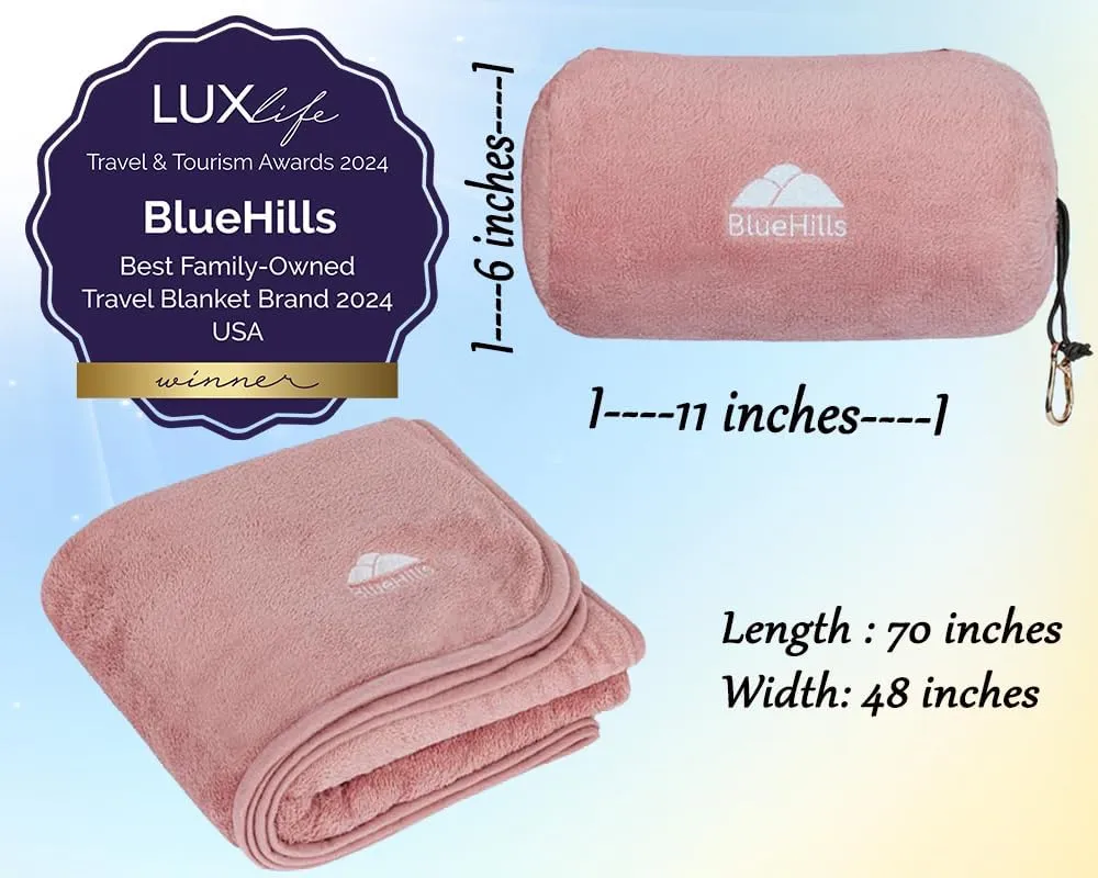 BlueHills Travel Blanket Pillow Rolled Premium Soft Plush Airplane Throw Traveling Gifts Compact in a Bag 70 X 48 inches Long Plane Flight Portable Lightweight Pink R02