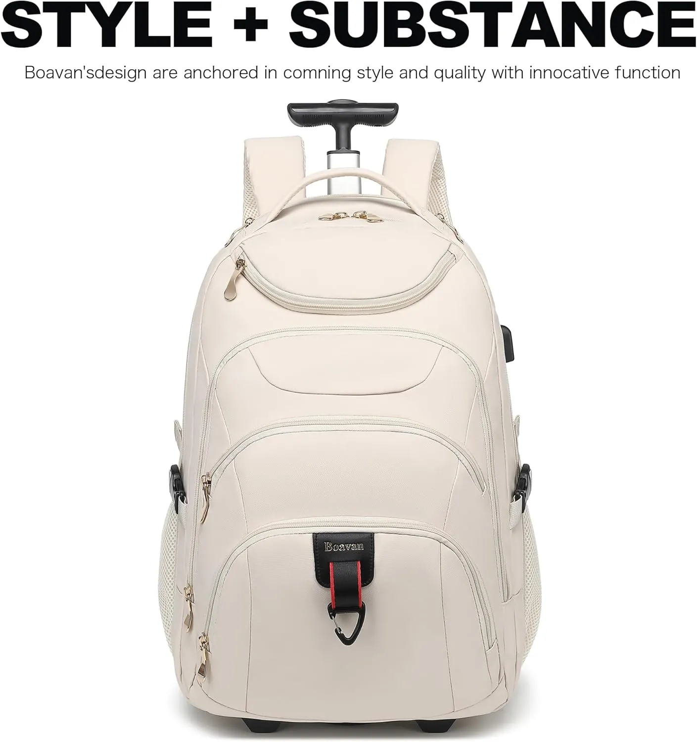 Boavan Rolling Backpack for Women, 17.3 Inch Wheeled Laptop Backpack,Large Travel Carry-On Bag for Teachers College Students, USB Charging Port Waterproof Business for Airplane Overnight Luggage，Beige
