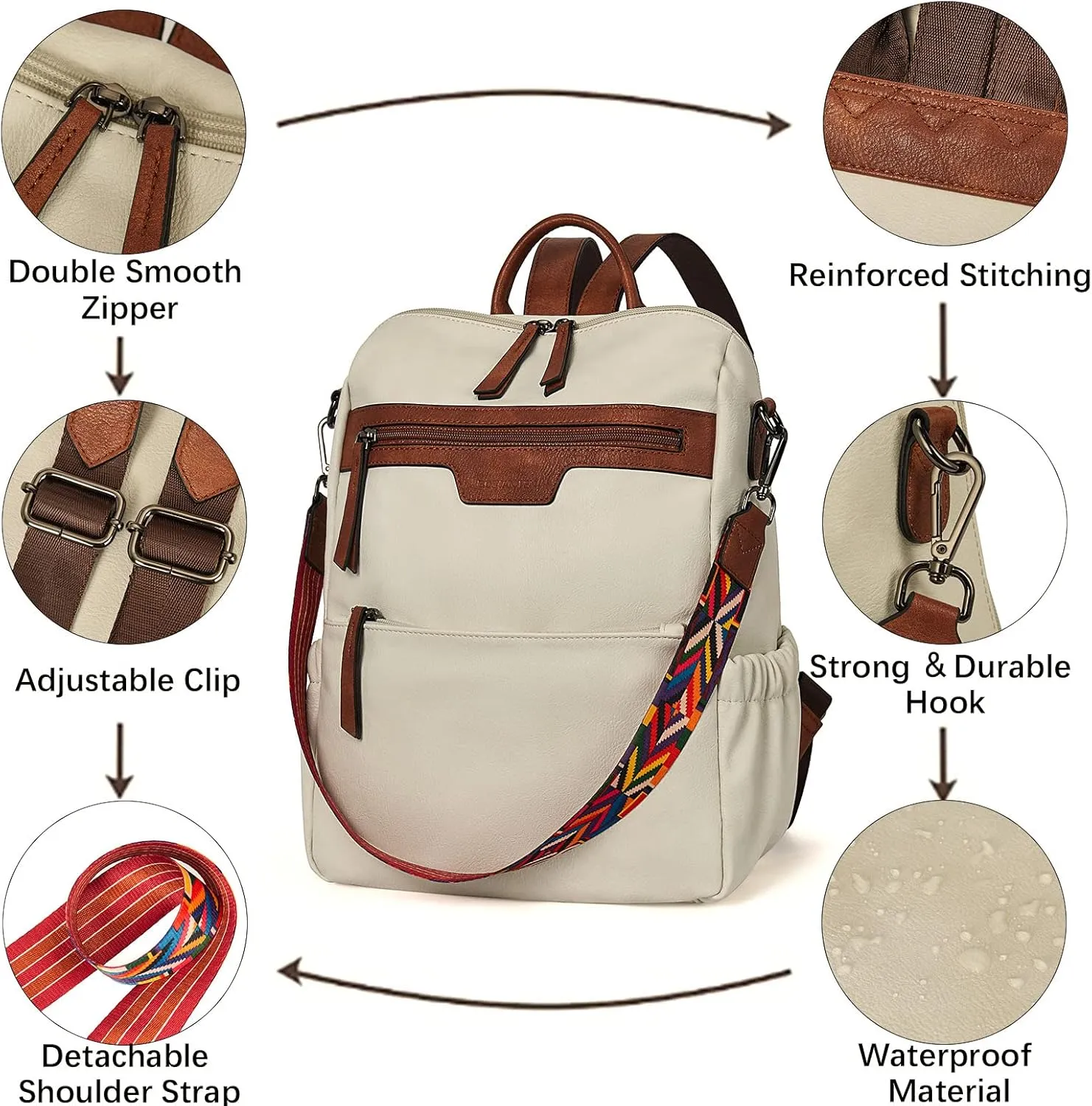 BOSTANTEN Backpack Purse for Women Fashion Designer Travel Backpack Leather Convertible Shoulder Bags Casual Daypack Beige-brown