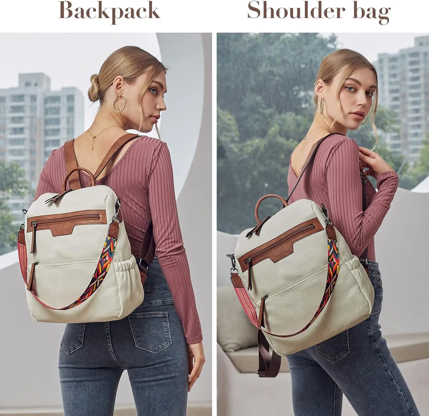 BOSTANTEN Backpack Purse for Women Fashion Designer Travel Backpack Leather Convertible Shoulder Bags Casual Daypack Beige-brown