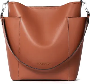 BOSTANTEN Genuine Leather Bucket Handbag Designer Hobo Shoulder Bags Tote Purses and Handbags Set with Clutch Purse Brown