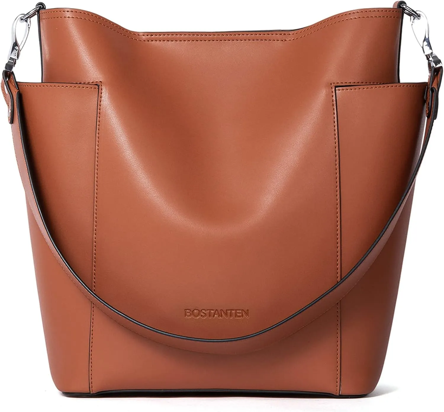 BOSTANTEN Genuine Leather Bucket Handbag Designer Hobo Shoulder Bags Tote Purses and Handbags Set with Clutch Purse Brown